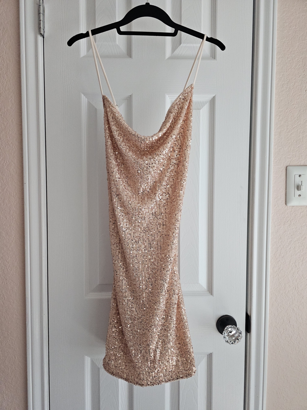 Sequin Cowl Neck Slip Dress in Rose Gold Stretch
